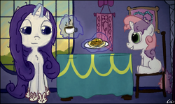 Size: 1238x737 | Tagged: safe, artist:coco, rarity, sweetie belle, g4, breakfast, bunny slippers, clothes, coffee, cute, magic, pancakes, sleepy, sunrise