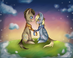 Size: 1500x1200 | Tagged: safe, artist:scythegirl, derpy hooves, doctor whooves, time turner, earth pony, pegasus, pony, g4, blushing, chest fluff, clothes, female, male, mare, scarf, ship:doctorderpy, shipping, stallion, straight