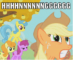 Size: 838x698 | Tagged: safe, edit, edited screencap, screencap, applejack, berry punch, berryshine, carrot top, cherry berry, golden harvest, lemon hearts, rainbow dash, shoeshine, twinkleshine, fall weather friends, g4, animated, background pony, female, gritted teeth, heart attack, hnnng, image macro, reaction image, shrunken pupils, sweat