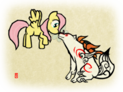 Size: 2000x1500 | Tagged: safe, artist:bluesparkks, fluttershy, pegasus, pony, g4, amaterasu, blushing, boop, crossover, eye contact, female, filly, flying, looking at each other, noseboop, nuzzling, okami, sitting, smiling, younger