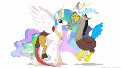 Size: 1280x720 | Tagged: safe, artist:mixermike622, discord, princess celestia, alicorn, draconequus, pony, g4, animated, eye shimmer, female, flapping, licking, looking at you, majestic as fuck, male, mare, poni licking poni, ship:dislestia, shipping, simple background, spread wings, straight, white background