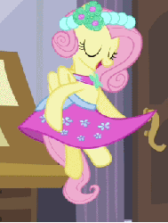 Size: 254x335 | Tagged: safe, screencap, fluttershy, pony, a canterlot wedding, g4, season 2, alternate hairstyle, animated, bridesmaid dress, bridesmaid fluttershy, clothes, cropped, cute, dancing, dress, female, floating, flutterbeautiful, gown, playing, playing with dress, playing with skirt, skirt, skirt lift, solo