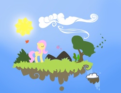 Size: 3324x2552 | Tagged: safe, artist:pi-rex, fluttershy, bird, butterfly, g4, cloud, eyes closed, floating island, leaves, sun, tree, water, wind