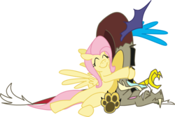 Size: 794x534 | Tagged: safe, artist:crowneprince, discord, fluttershy, draconequus, pony, g4, duo, duo male and female, eyes closed, female, hape, hug, male, mare, personal space invasion, simple background, smiling, transparent background