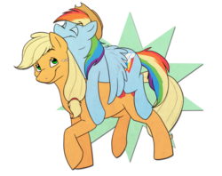 Size: 1004x796 | Tagged: safe, artist:arcticwaters, applejack, rainbow dash, g4, accessory swap, ponies riding ponies, rainbow dash riding applejack, riding, ship:appledash, shipping