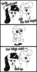 Size: 1024x2000 | Tagged: safe, artist:havikm66, lyra heartstrings, oc, pony, unicorn, g4, baby, bipedal, comic, cute, filly, foal, horses doing human things, lyrabetes, monochrome, parent