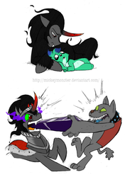 Size: 877x1200 | Tagged: safe, artist:mickeymonster, king sombra, rover, diamond dog, g4, crystal, dark crystal, dragging, mouth hold, prone, raised hoof, that pony sure does love crystals, tug of war