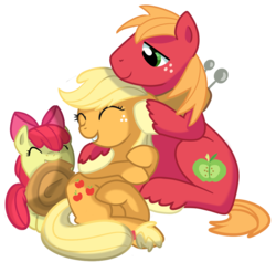 Size: 1010x957 | Tagged: safe, artist:pepooni, apple bloom, applejack, big macintosh, earth pony, pony, g4, accessory theft, apple siblings, male, siblings, stallion