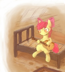 Size: 634x700 | Tagged: safe, artist:rigi, apple bloom, earth pony, pony, g4, female, guitar, musical instrument, pixiv, solo