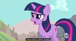 Size: 639x350 | Tagged: safe, screencap, twilight sparkle, g4, hub logo, outline, youtube caption