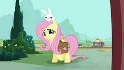 Size: 1280x720 | Tagged: safe, screencap, angel bunny, fluttershy, g4, just for sidekicks, smiling, unamused