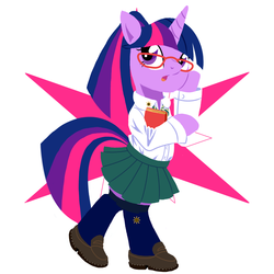 Size: 1000x1000 | Tagged: safe, artist:30clock, twilight sparkle, pony, g4, alternate hairstyle, bipedal, book, clothes, female, glasses, pixiv, ponytail, shoes, skirt, solo