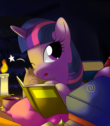Size: 1040x1200 | Tagged: safe, artist:hoyeechun, twilight sparkle, pony, g4, book, candle, cup, female, pillow, pixiv, solo, wink