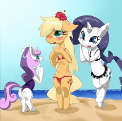 Size: 800x796 | Tagged: safe, artist:8->, applejack, rarity, sweetie belle, pony, g4, beach, belly button, bikini, bipedal, blushing, butt, clothes, flower, flower in hair, one-piece swimsuit, pixiv, plot, swimsuit