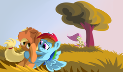 Size: 1936x1136 | Tagged: safe, applejack, fluttershy, rainbow dash, g4, female, lesbian, ship:appledash, shipping