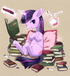 Size: 645x701 | Tagged: safe, artist:aogiri, twilight sparkle, pony, g4, book, bookmark, cup, drink, female, inkwell, magic, pillow, pixiv, quill, solo, spoon, tea, telekinesis