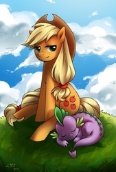 Size: 1150x1700 | Tagged: safe, artist:katiramoon, applejack, spike, g4, female, male, ship:applespike, shipping, sleeping, straight