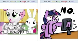 Size: 519x272 | Tagged: safe, angel bunny, sweetie belle, twilight sparkle, alicorn, pony, derpibooru, g4, exploitable meme, female, juxtaposition, juxtaposition win, mare, meta, twilight sparkle (alicorn)