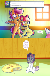 Size: 800x1200 | Tagged: safe, artist:starykrow, apple bloom, scootaloo, sweetie belle, earth pony, pony, ask the cmc, g4, bandaid, cookie, cutie mark crusaders, food, ruler, shrinking, spread wings, tumblr, wings