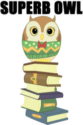Size: 900x1350 | Tagged: safe, artist:quanno3, edit, owl, g4, may the best pet win, book, bowtie, caption, clothes, image macro, pun, simple background, superb owl, sweater, transparent, transparent background