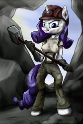 Size: 1024x1534 | Tagged: safe, artist:rule1of1coldfire, rarity, anthro, g4, clothes, female, hammer, hat, miner, solo, suspenders