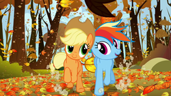 Size: 1280x720 | Tagged: safe, screencap, applejack, rainbow dash, earth pony, pegasus, pony, fall weather friends, g4, female, mare