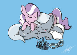 Size: 1024x731 | Tagged: safe, artist:roliet, diamond tiara, silver spoon, earth pony, pony, g4, blue background, blush sticker, blushing, butt touch, cuddling, cute, diamondbetes, eyes closed, female, filly, glasses, hoof on butt, lesbian, missing accessory, pillow, pony pile, prone, ship:silvertiara, shipping, silverbetes, simple background, smiling