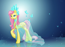 Size: 3000x2200 | Tagged: safe, artist:miss-straydoll, fluttershy, butterfly, pony, g4, clothes, dress, female, solo