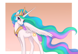 Size: 1280x896 | Tagged: safe, artist:mn27, princess celestia, alicorn, pony, g4, abstract background, bedroom eyes, cute, cutelestia, female, mare, solo, windswept mane