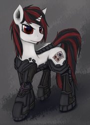 Size: 760x1052 | Tagged: dead source, safe, artist:pantzar, oc, oc only, oc:blackjack, cyborg, pony, unicorn, fallout equestria, fallout equestria: project horizons, amputee, fanfic, fanfic art, female, hooves, horn, level 2 (project horizons), mare, prosthetic limb, prosthetics, solo