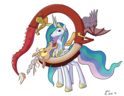 Size: 1600x1244 | Tagged: safe, artist:tggeko, discord, princess celestia, alicorn, draconequus, pony, g4, discord being discord, duo, duo male and female, female, male, mare, simple background, transparent background, unamused