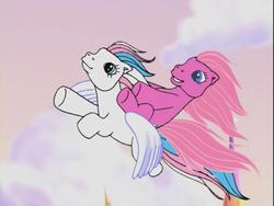 Size: 640x480 | Tagged: safe, screencap, pinkie pie (g3), star catcher, earth pony, pegasus, pony, friends are never far away, g3, flying, ponies riding ponies, riding