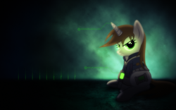 Size: 1920x1200 | Tagged: safe, artist:groxy-cyber-soul, artist:vexx3, oc, oc only, oc:littlepip, pony, unicorn, fallout equestria, g4, abstract background, clothes, cutie mark, fanfic, fanfic art, female, hooves, horn, jumpsuit, mare, pipbuck, show accurate, sitting, solo, text, vault suit, wallpaper