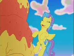Size: 640x480 | Tagged: safe, screencap, bubble balloon, pegasus, pony, friends are never far away, g3, background pony, bubbles pony, female, ice cream, ice cream mountain, leaning tower of ice cream, solo