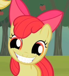 Size: 371x409 | Tagged: safe, apple bloom, earth pony, pony, g4, female, grin, solo, teeth, wat