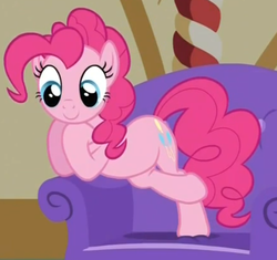 Size: 490x461 | Tagged: safe, screencap, pinkie pie, earth pony, pony, g4, just for sidekicks, chair, cross legged, crossed hooves, cute, diapinkes, female, happy, looking down, mare, smiling, solo