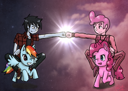 Size: 1310x931 | Tagged: safe, artist:midoriflygon, pinkie pie, rainbow dash, g4, adventure time, crossover, hoofbump, male, marshall lee, prince gumball, rule 63