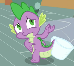 Size: 840x747 | Tagged: safe, screencap, spike, dragon, g4, just for sidekicks, cropped, male, measuring cup, solo, wavy mouth