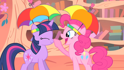 Size: 1280x720 | Tagged: safe, screencap, pinkie pie, twilight sparkle, earth pony, pony, unicorn, feeling pinkie keen, g4, season 1, book, bookshelf, boop, cute, duo, eyes closed, female, golden oaks library, hat, honk, mare, open mouth, smiling, umbrella hat, unicorn twilight