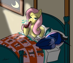 Size: 1163x999 | Tagged: safe, artist:otakon, fluttershy, princess luna, pony, g4, bed, bubble pipe, female, implied sex, lesbian, mare, moon, pipe, ruined for marriage, shame, ship:lunashy, shipping