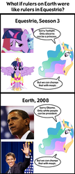 Size: 560x1300 | Tagged: safe, princess celestia, twilight sparkle, alicorn, human, pony, g4, alicorn drama, barack obama, female, mare, twilight sparkle (alicorn)