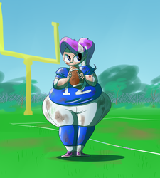 Size: 1024x1138 | Tagged: safe, artist:secretgoombaman12345, diamond tiara, human, ask chubby diamond, g4, american football, chubby diamond, clothes, cute, eyebrows, fat, humanized, impossibly large butt, impossibly wide hips, pants, raised eyebrow, smiling, solo, sports, wide hips