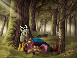 Size: 1024x774 | Tagged: safe, artist:makicat, discord, fluttershy, pegasus, pony, g4, commissioner:shadowed-carousels, crepuscular rays, detailed background, duo, duo male and female, female, flower, forest background, male, mare, mushroom, outdoors, ship:discoshy, shipping, smiling, tree