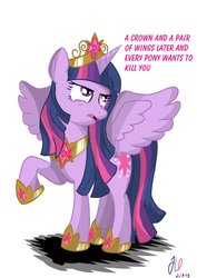 Size: 1024x1448 | Tagged: dead source, safe, artist:teammagix, twilight sparkle, alicorn, pony, g4, alicorn drama, annoyed, crown, female, hoof shoes, jewelry, mare, raised hoof, regalia, simple background, solo, speech bubble, spread wings, twilight sparkle (alicorn), twilight sparkle is not amused, unamused, wings