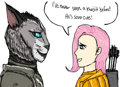 Size: 1000x700 | Tagged: safe, artist:glue123, fluttershy, human, khajiit, g4, crossover, dialogue, duo, female, humanized, male, simple background, skyrim, the elder scrolls, white background