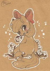 Size: 491x695 | Tagged: safe, artist:mi-eau, apple bloom, earth pony, pony, g4, back, blushing, female, filly, flower, flower in mouth, looking back, monochrome, mouth hold, partial color, sepia, solo, traditional art