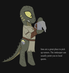 Size: 850x900 | Tagged: safe, artist:glue123, argonian, lizard pony, pony, bipedal, black background, clothes, dexterous hooves, human pose, loading screen, loading screen message, ponified, simple background, skyrim, solo, tankard, the elder scrolls, washcloth