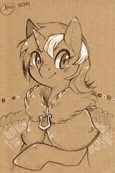 Size: 458x690 | Tagged: safe, artist:mi-eau, lyra heartstrings, pony, unicorn, g4, bust, clothes, coat, female, looking at you, smiling, solo, traditional art