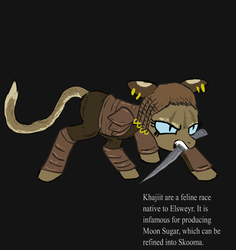 Size: 850x900 | Tagged: safe, artist:glue123, khajiit, pony, black background, blade, ear piercing, earring, jewelry, mouth hold, piercing, ponified, simple background, skyrim, solo, the elder scrolls, weapon