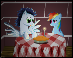 Size: 900x713 | Tagged: safe, artist:silverpup88, rainbow dash, soarin', g4, female, male, pie, ship:soarindash, shipping, straight, that pony sure does love pies